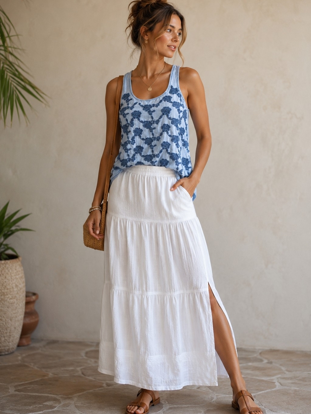 Abercrombie & Fitch Chambray Embroidered Split‎ Back Tank Top XS